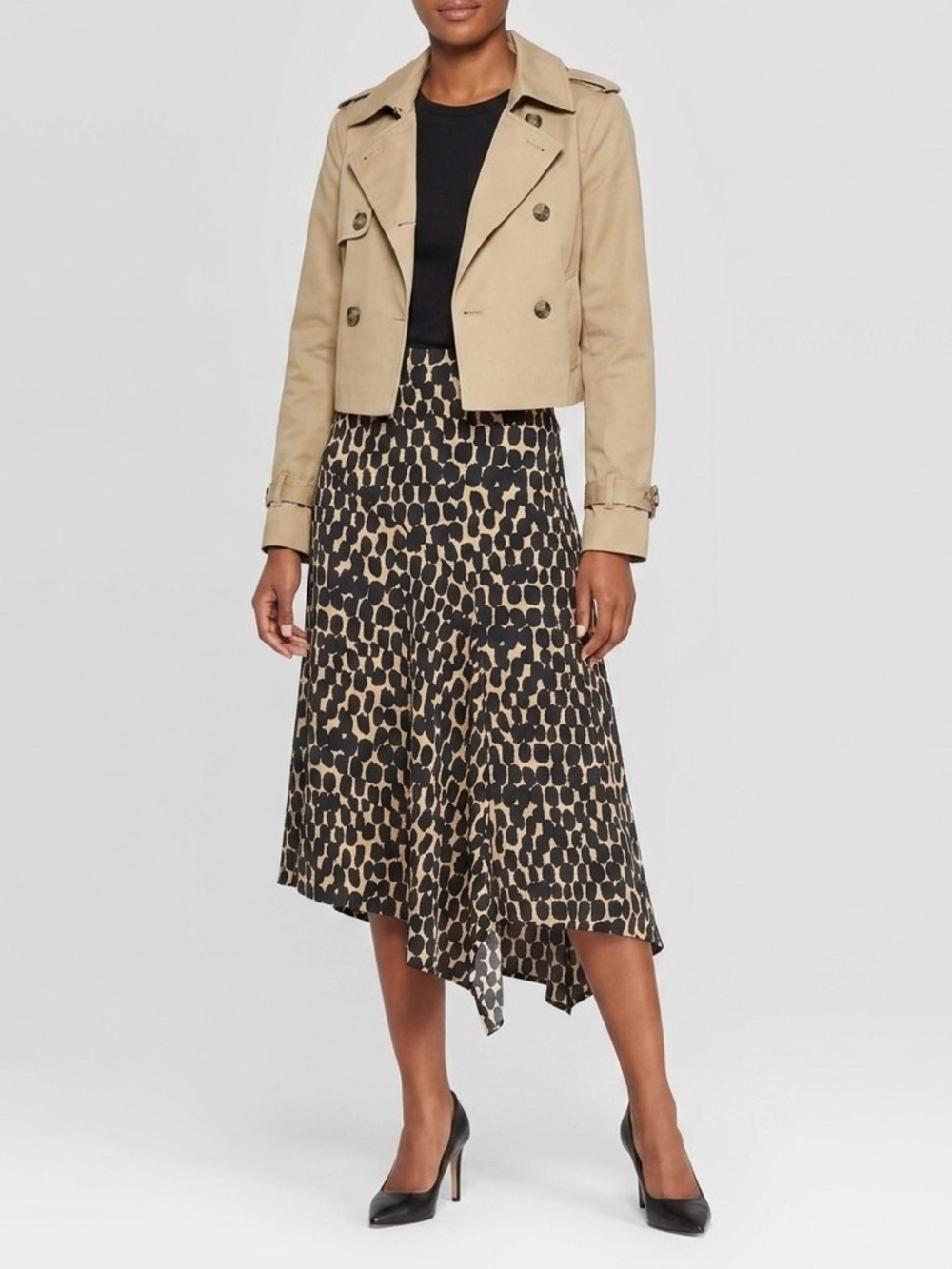 Who What Wear Black and Tan Asymmetrical Printed Midi Skirt
